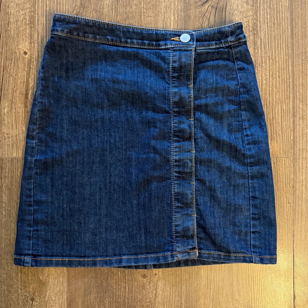 Loft Denim Mini Skirt Dark Wash Button Fly A-Line Preppy Womens Petite Size 0P